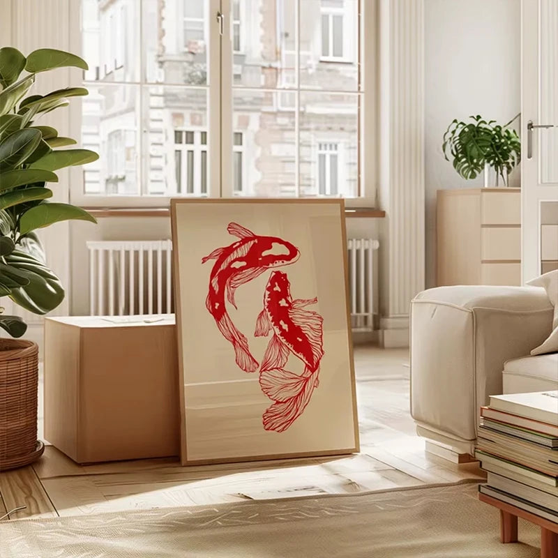 Red Lucky Koi Art Sea Wave Modern Aesthetic Trend Print Wall Art Canvas