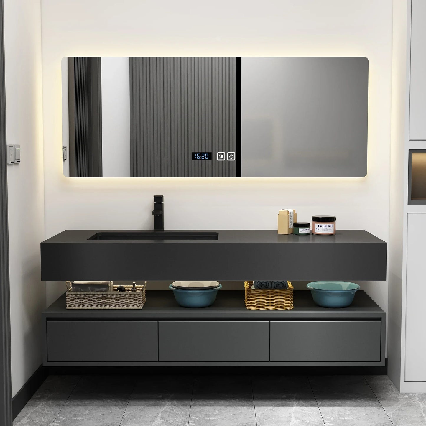Luxury Modern Matte Black Floating Bathroom Vanity Mirror Cabinet