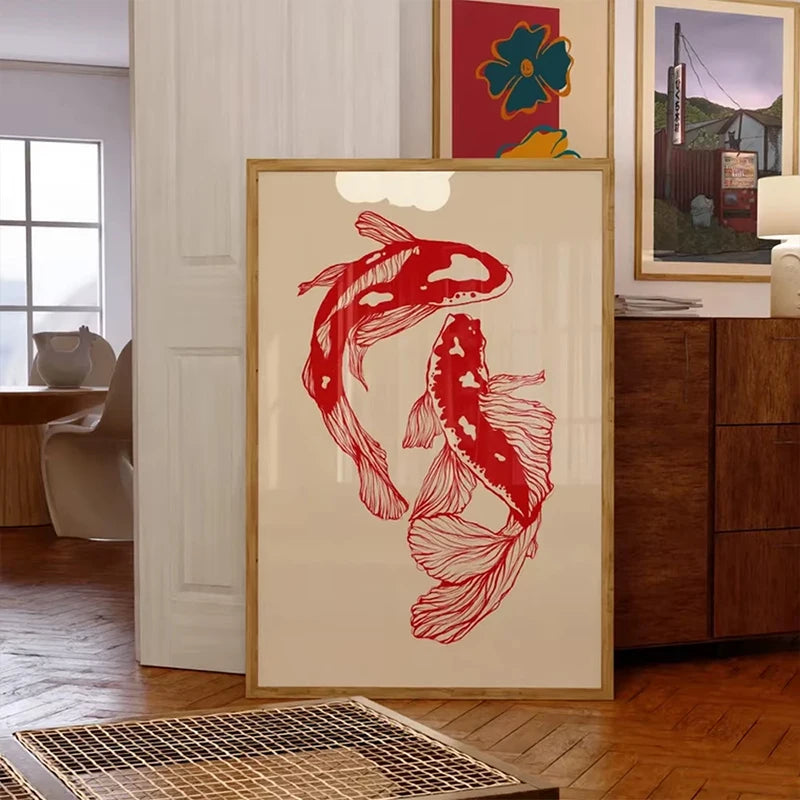 Red Lucky Koi Art Sea Wave Modern Aesthetic Trend Print Wall Art Canvas