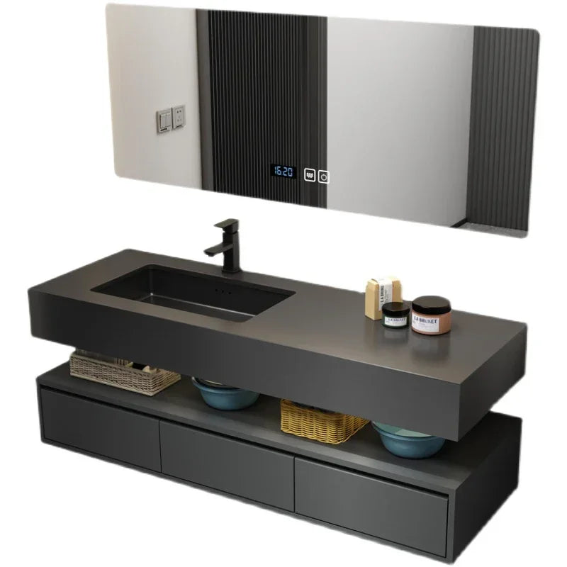 Luxury Modern Matte Black Floating Bathroom Vanity Mirror Cabinet