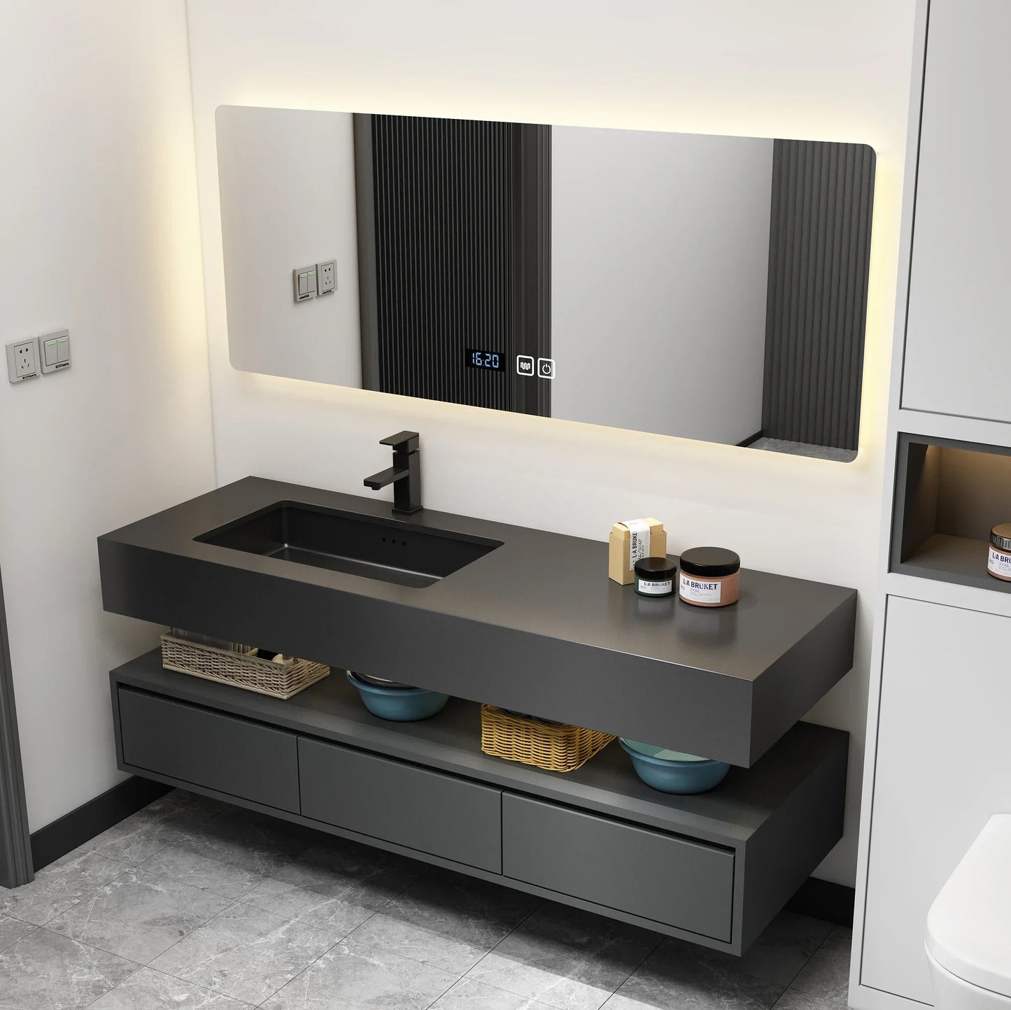 Luxury Modern Matte Black Floating Bathroom Vanity Mirror Cabinet
