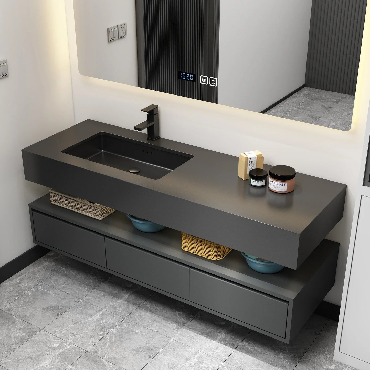 Luxury Modern Matte Black Floating Bathroom Vanity Mirror Cabinet