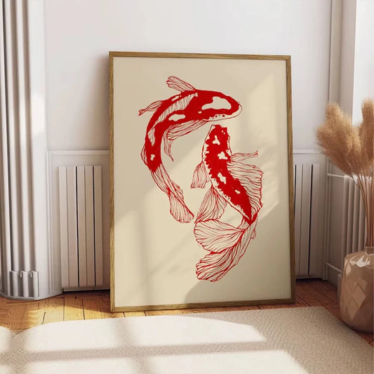 Red Lucky Koi Art Sea Wave Modern Aesthetic Trend Print Wall Art Canvas