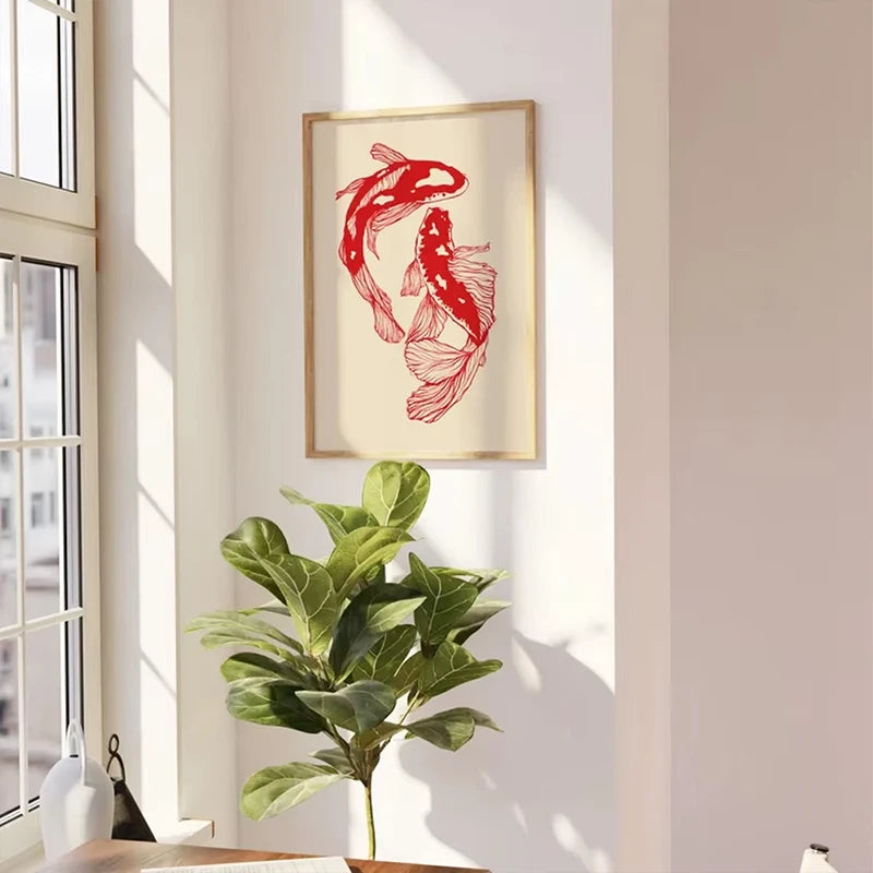 Red Lucky Koi Art Sea Wave Modern Aesthetic Trend Print Wall Art Canvas