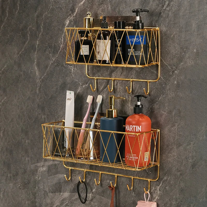 Luxury Gold Bathroom Shelf Without Drilling Metal Shower Storage Basket With Hook