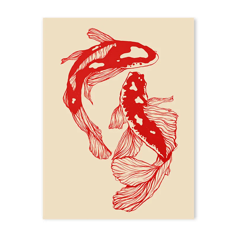 Red Lucky Koi Art Sea Wave Modern Aesthetic Trend Print Wall Art Canvas