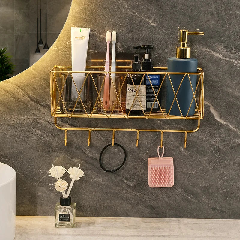 Luxury Gold Bathroom Shelf Without Drilling Metal Shower Storage Basket With Hook