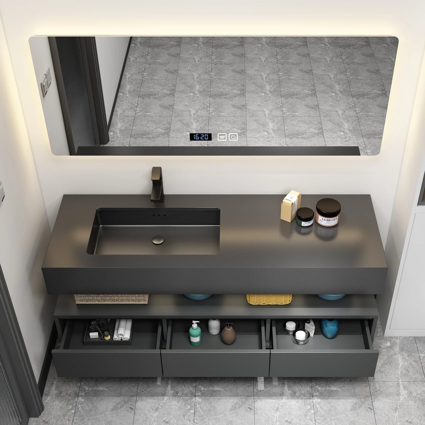 Luxury Modern Matte Black Floating Bathroom Vanity Mirror Cabinet
