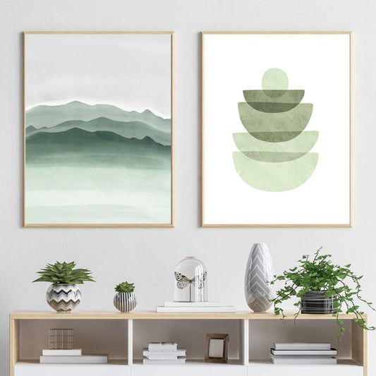 Watercolor Green Abstract Geometric Shapes Art Prints Nordic Poster