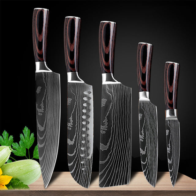 Kitchen Knive Set Japanese Damascus Pattern Stainless Steel Chef's Knife  Cleaver