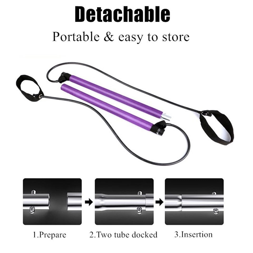 Pilates Bar Kit Adjustable Portable Yoga Gym Rope